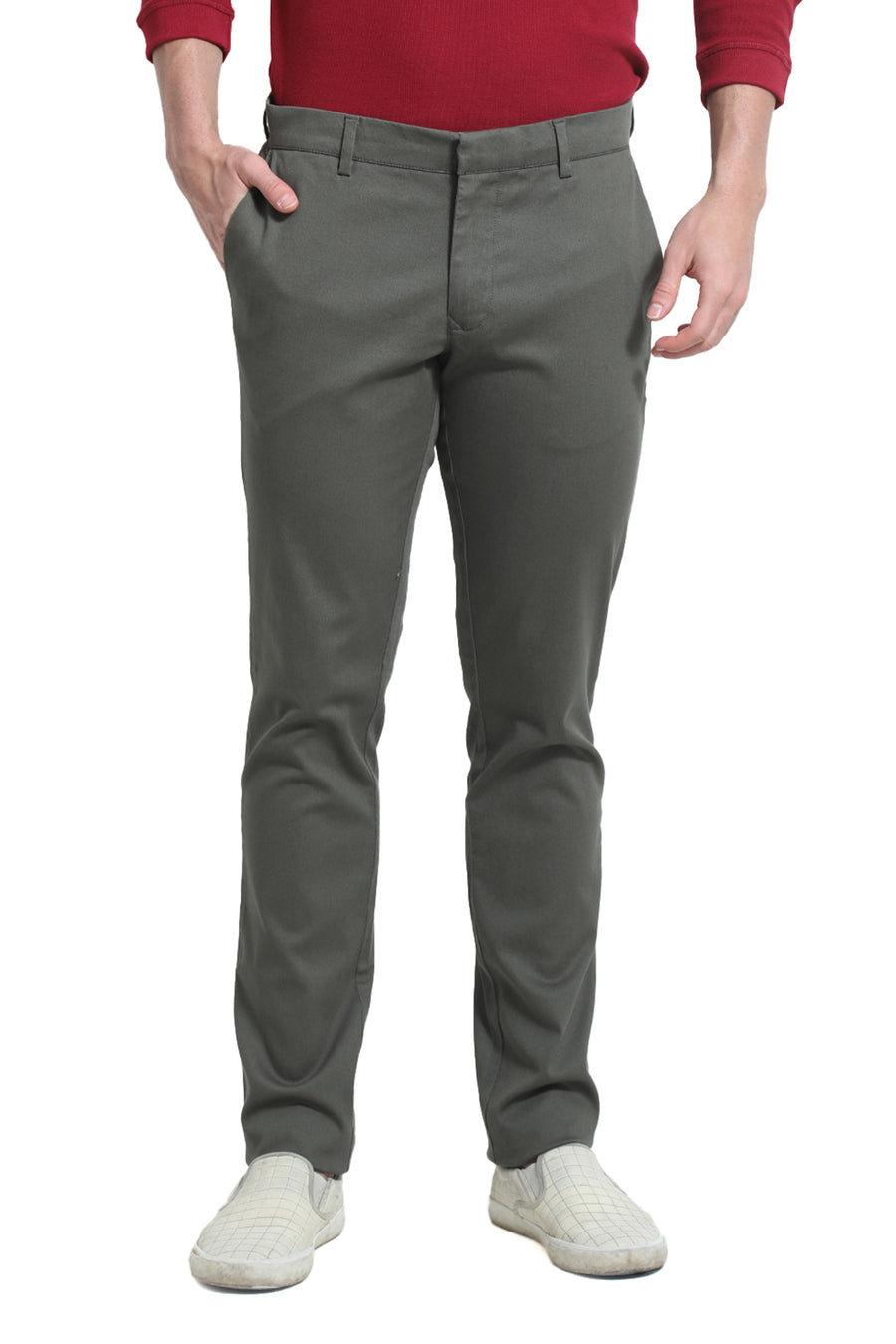 BASICS TAPERED FIT THYME GREEN COTTON STRETCH DOBBY TROUSER