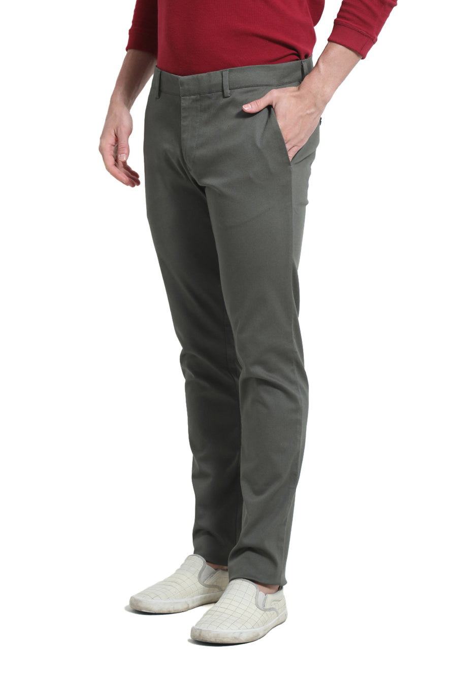 BASICS TAPERED FIT THYME GREEN COTTON STRETCH DOBBY TROUSER