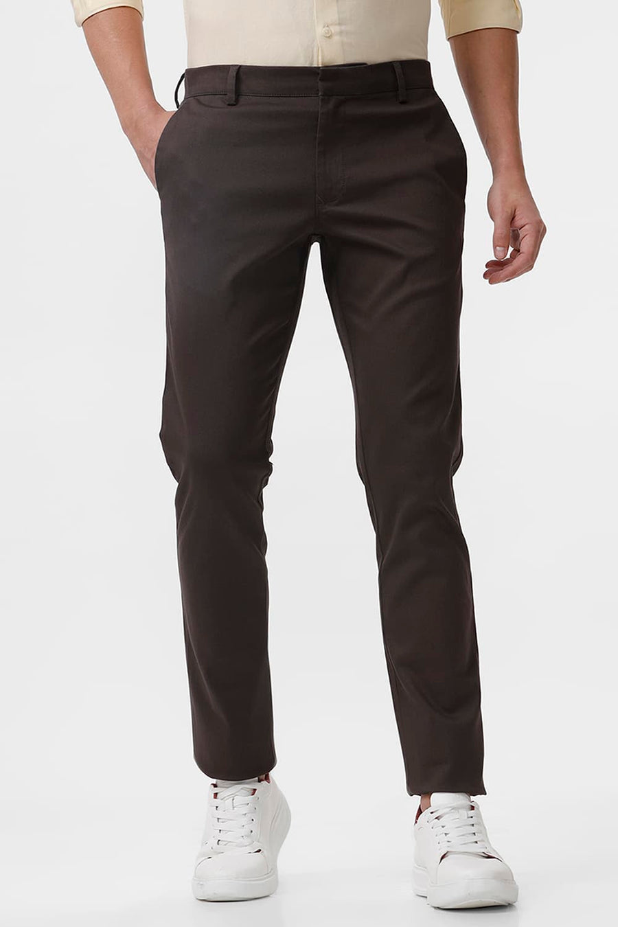 BASICS TAPERED FIT MULCH BROWN COTTON STRETCH DOBBY TROUSER