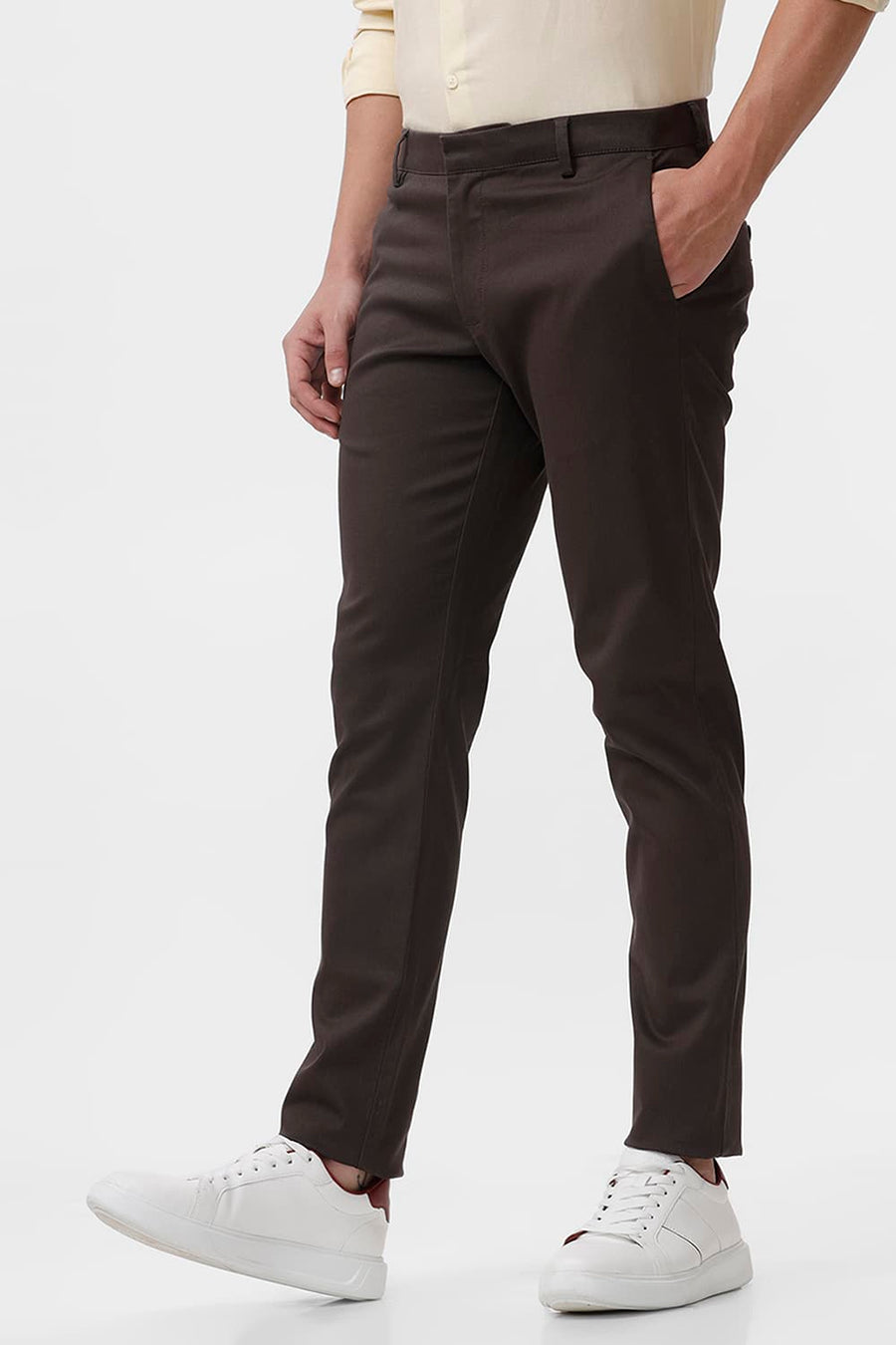 BASICS TAPERED FIT MULCH BROWN COTTON STRETCH DOBBY TROUSER