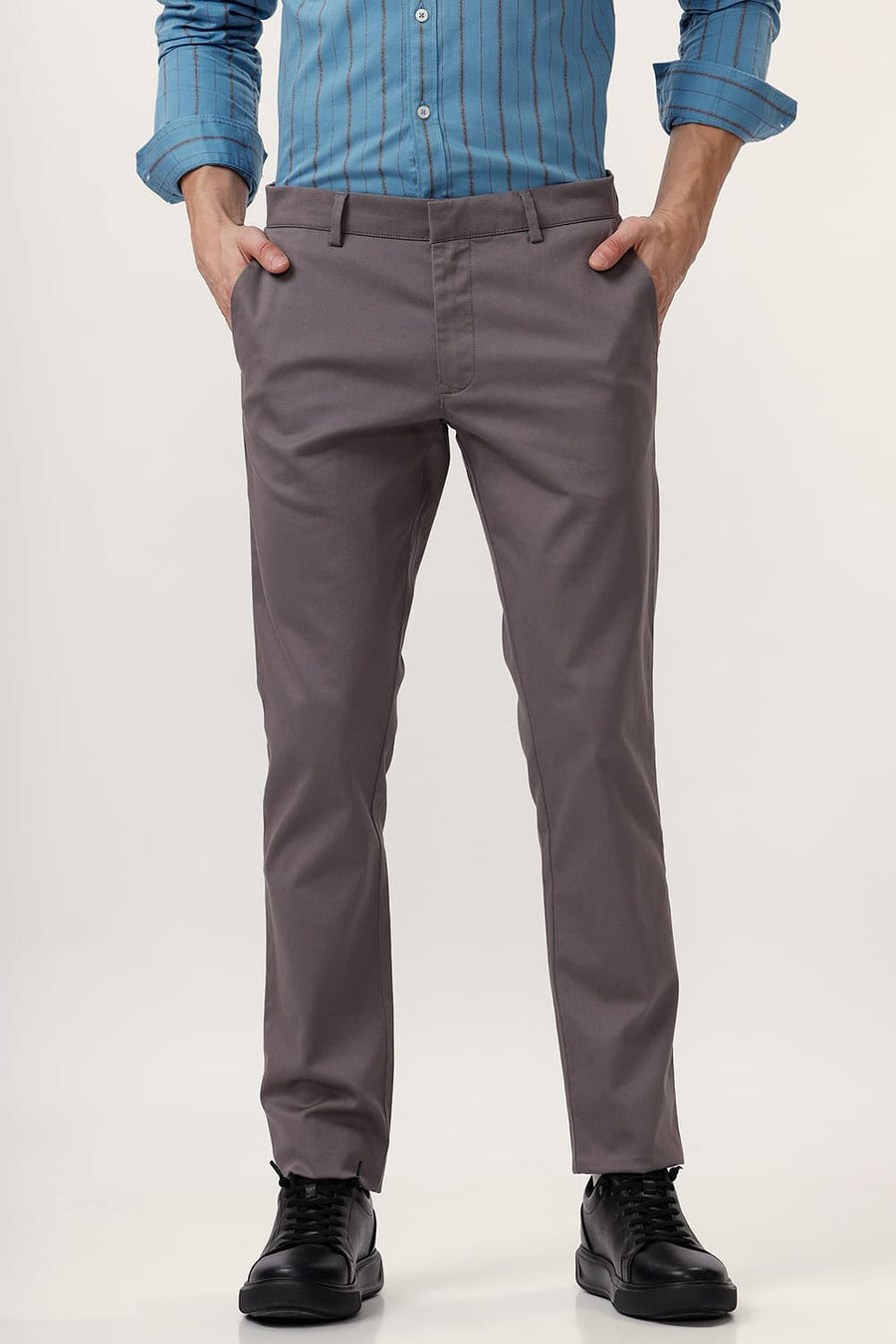 BASICS TAPERED FIT GARGOYLE GREY COTTON STRETCH DOBBY TROUSER