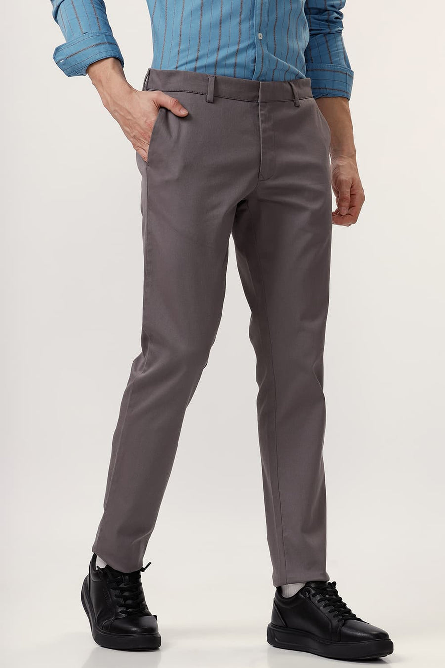 BASICS TAPERED FIT GARGOYLE GREY COTTON STRETCH DOBBY TROUSER