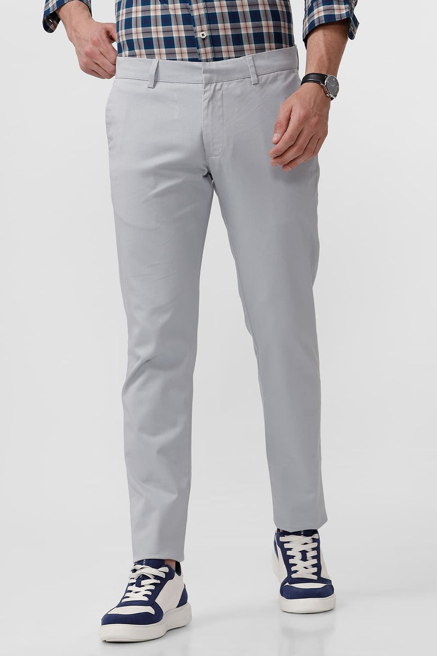 BASICS TAPERED FIT PEARL BLUE COTTON STRETCH DOBBY TROUSER