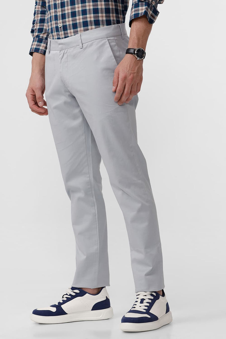 BASICS TAPERED FIT PEARL BLUE COTTON STRETCH DOBBY TROUSER