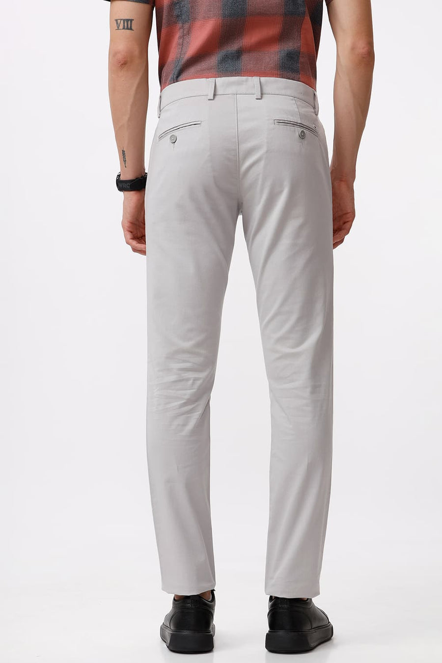 BASICS TAPERED FIT MOON RCK GREY COTTON STRETCH DOBBY TROUSER