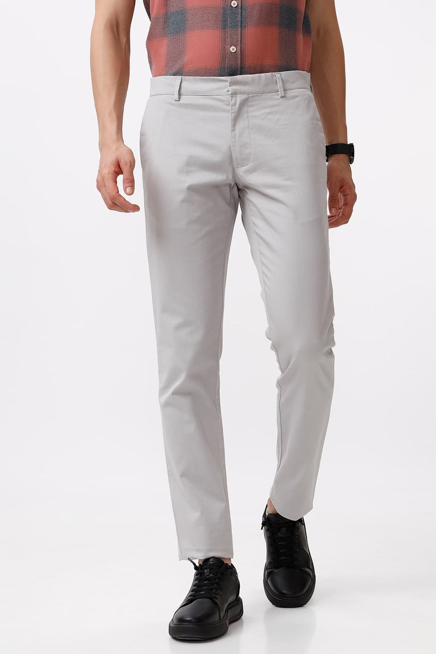 BASICS TAPERED FIT MOON RCK GREY COTTON STRETCH DOBBY TROUSER