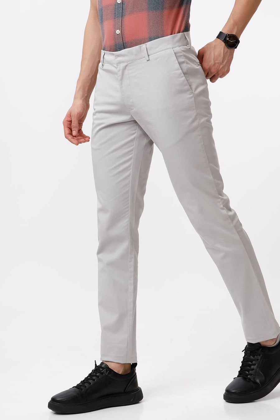 BASICS TAPERED FIT MOON RCK GREY COTTON STRETCH DOBBY TROUSER