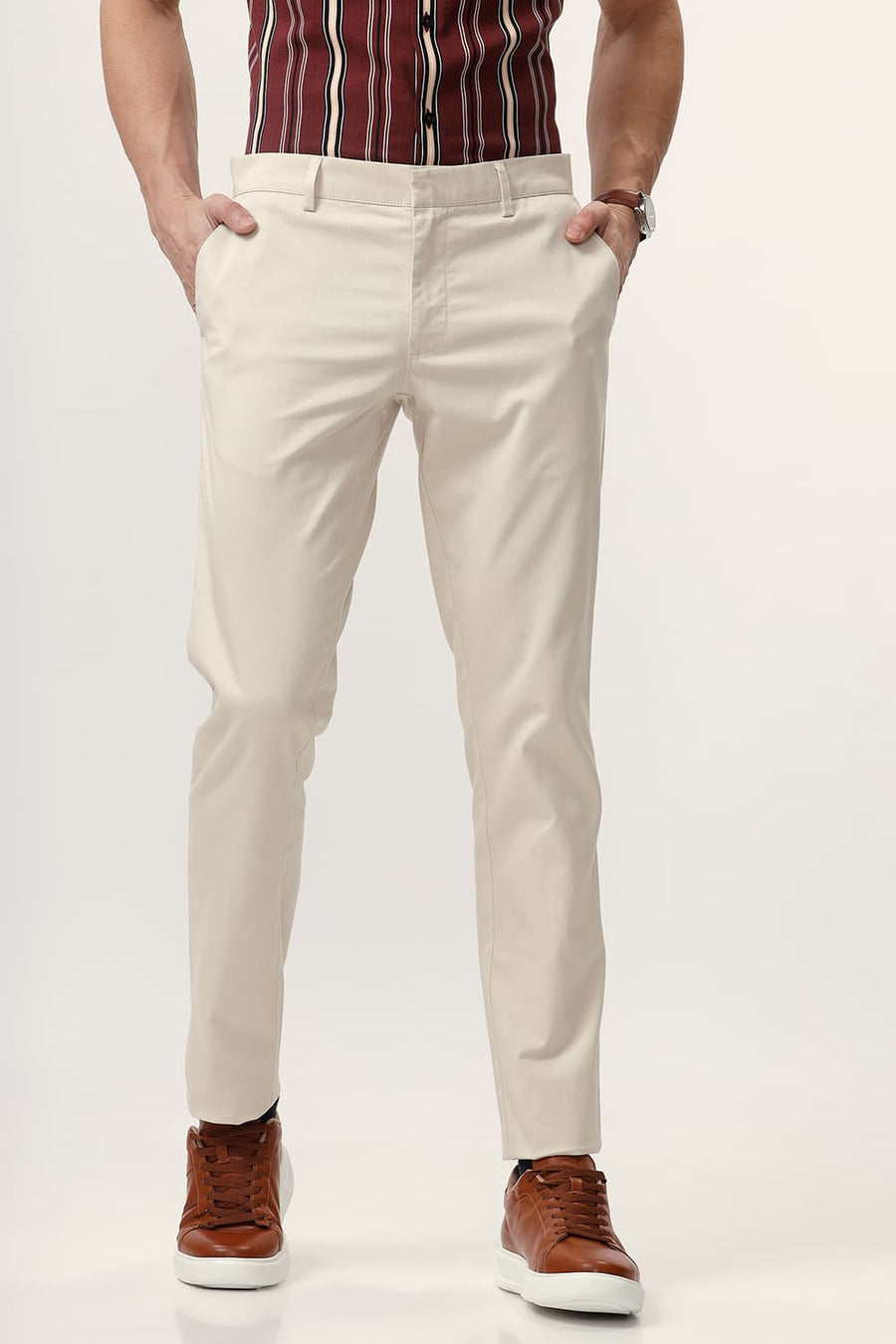 BASICS TAPERED FIT BIRCHE ECRU COTTON STRETCH DOBBY TROUSER