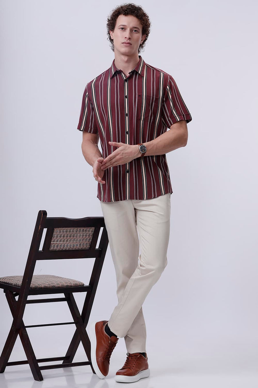 BASICS TAPERED FIT BIRCHE ECRU COTTON STRETCH DOBBY TROUSER