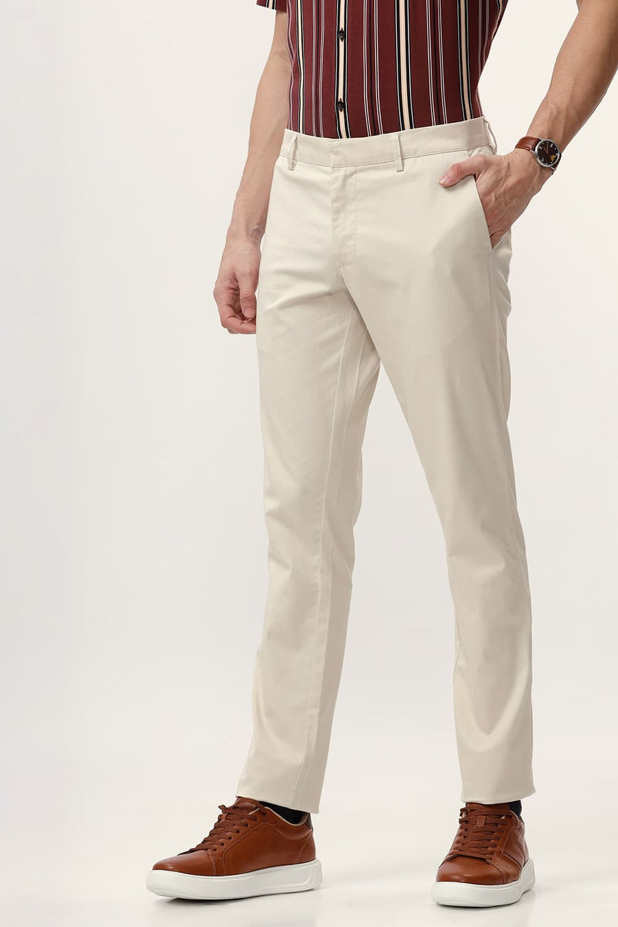 BASICS TAPERED FIT BIRCHE ECRU COTTON STRETCH DOBBY TROUSER