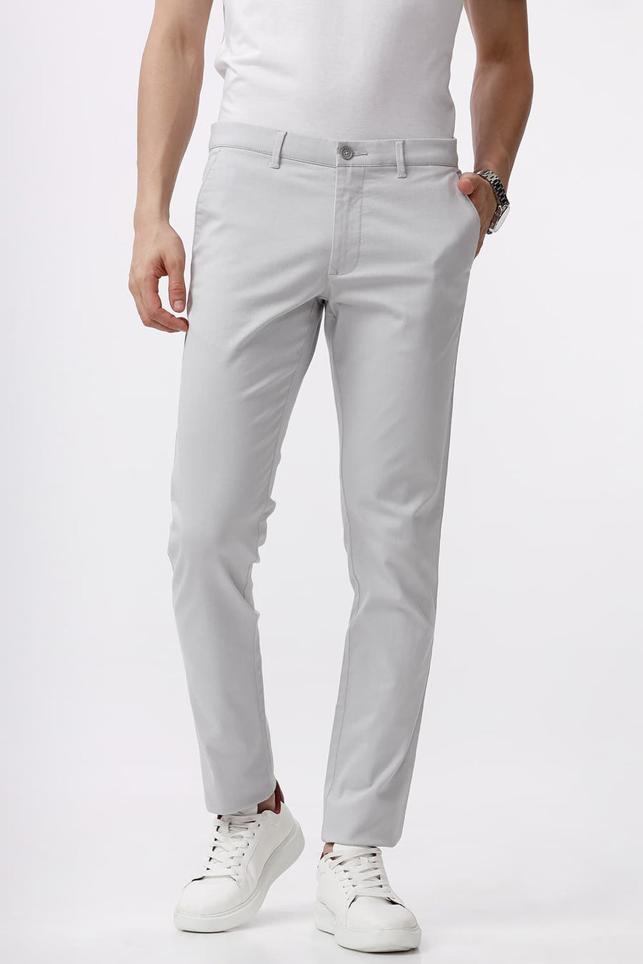 BASICS TAPERED FIT GLACIER GREY COTTON STRETCH DOBBY TROUSER