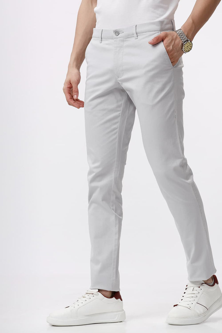 BASICS TAPERED FIT GLACIER GREY COTTON STRETCH DOBBY TROUSER