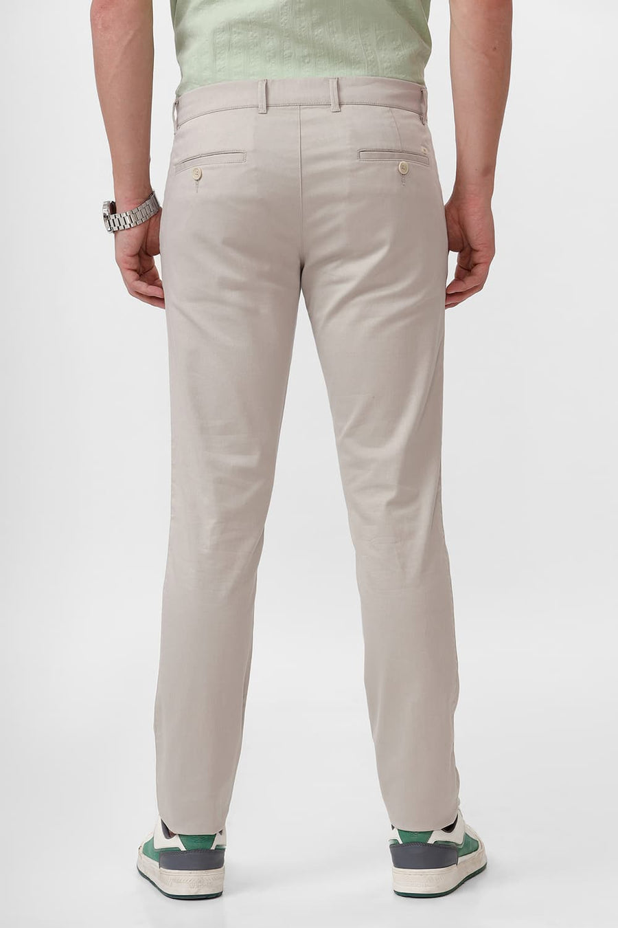 BASICS TAPERED FIT COBBLE STONE BEIGE COTTON STRETCH DOBBY TROUSER