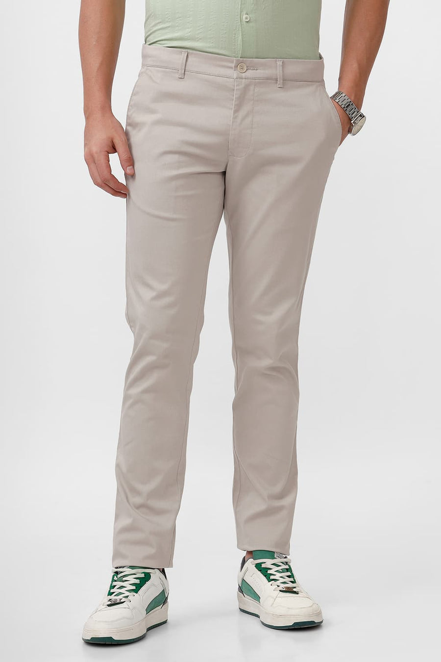 BASICS TAPERED FIT COBBLE STONE BEIGE COTTON STRETCH DOBBY TROUSER