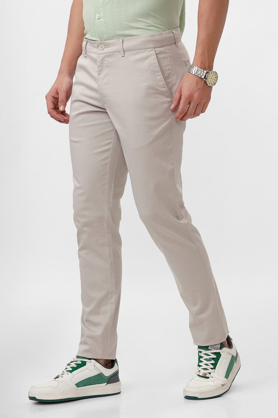 BASICS TAPERED FIT COBBLE STONE BEIGE COTTON STRETCH DOBBY TROUSER
