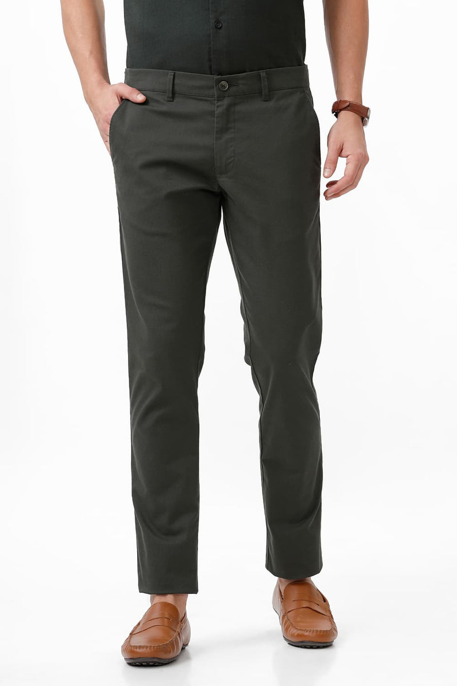 BASICS TAPERED FIT CILANTRO GREEN COTTON STRETCH DOBBY TROUSER