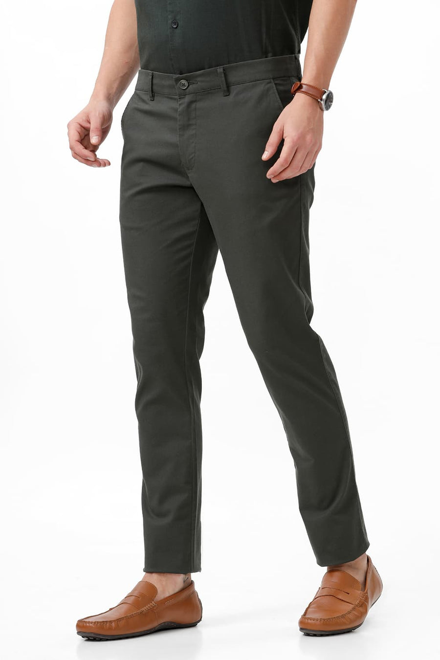 BASICS TAPERED FIT CILANTRO GREEN COTTON STRETCH DOBBY TROUSER