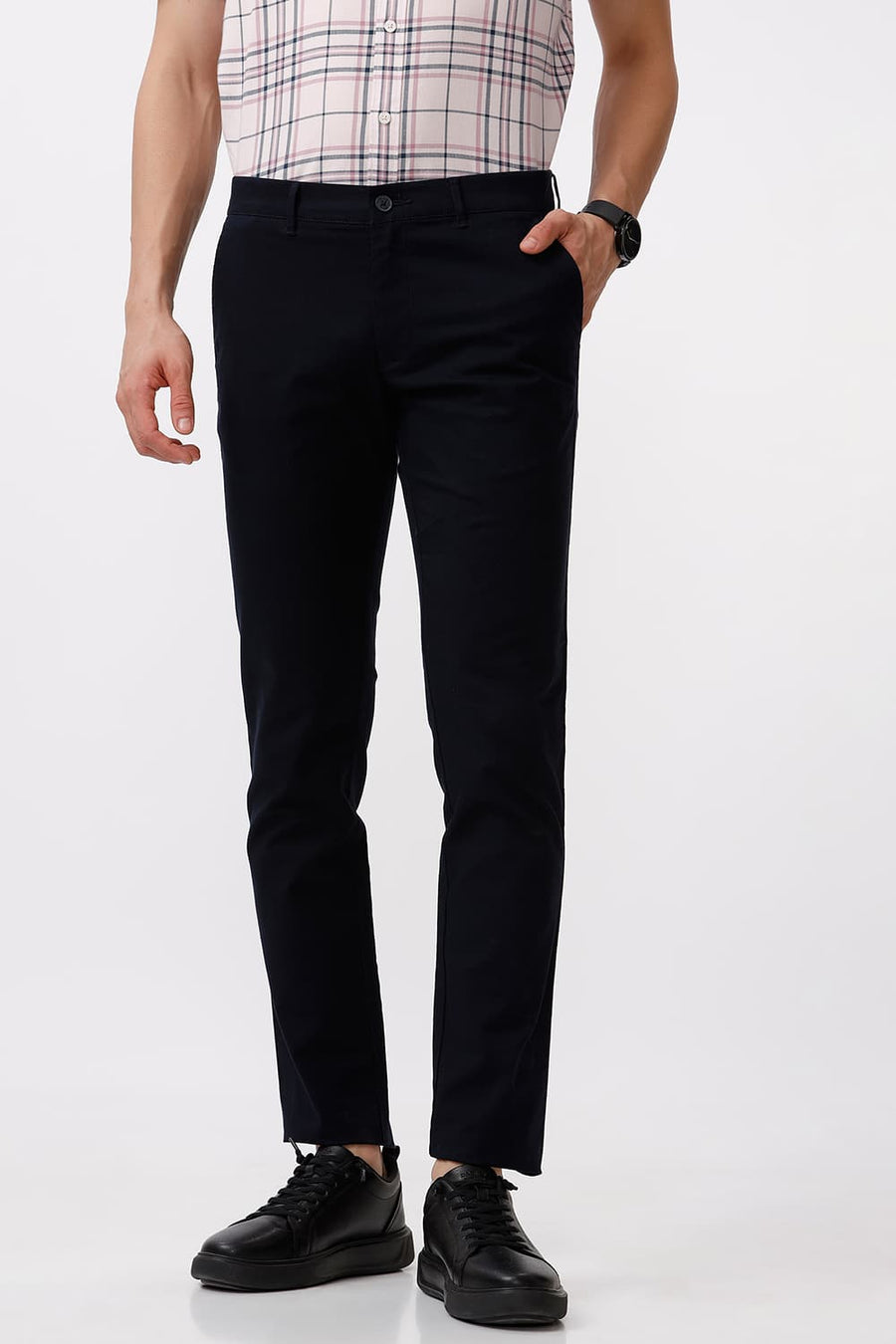 BASICS TAPERED FIT BLUE NIGHT NAVY COTTON STRETCH DOBBY TROUSER