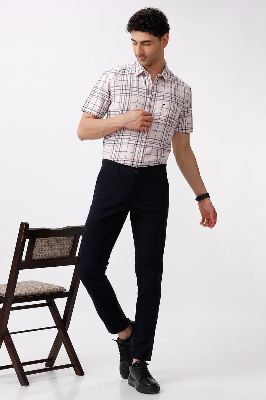 BASICS TAPERED FIT BLUE NIGHT NAVY COTTON STRETCH DOBBY TROUSER