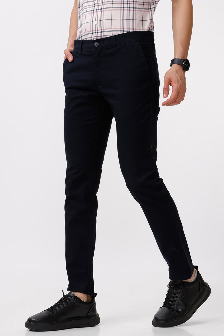 BASICS TAPERED FIT BLUE NIGHT NAVY COTTON STRETCH DOBBY TROUSER