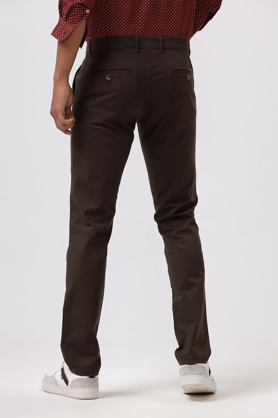 BASICS TAPERED FIT BELUGA COFFEE COTTON STRETCH DOBBY TROUSER