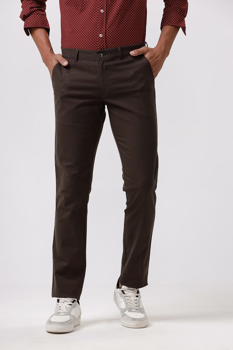 BASICS TAPERED FIT BELUGA COFFEE COTTON STRETCH DOBBY TROUSER