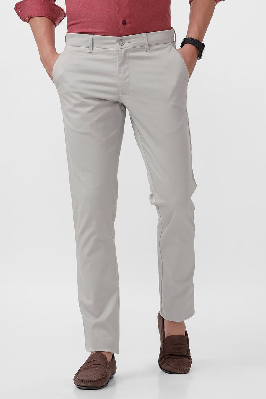BASICS TAPERED FIT GRIFFIN GREY COTTON STRETCH DOBBY TROUSER
