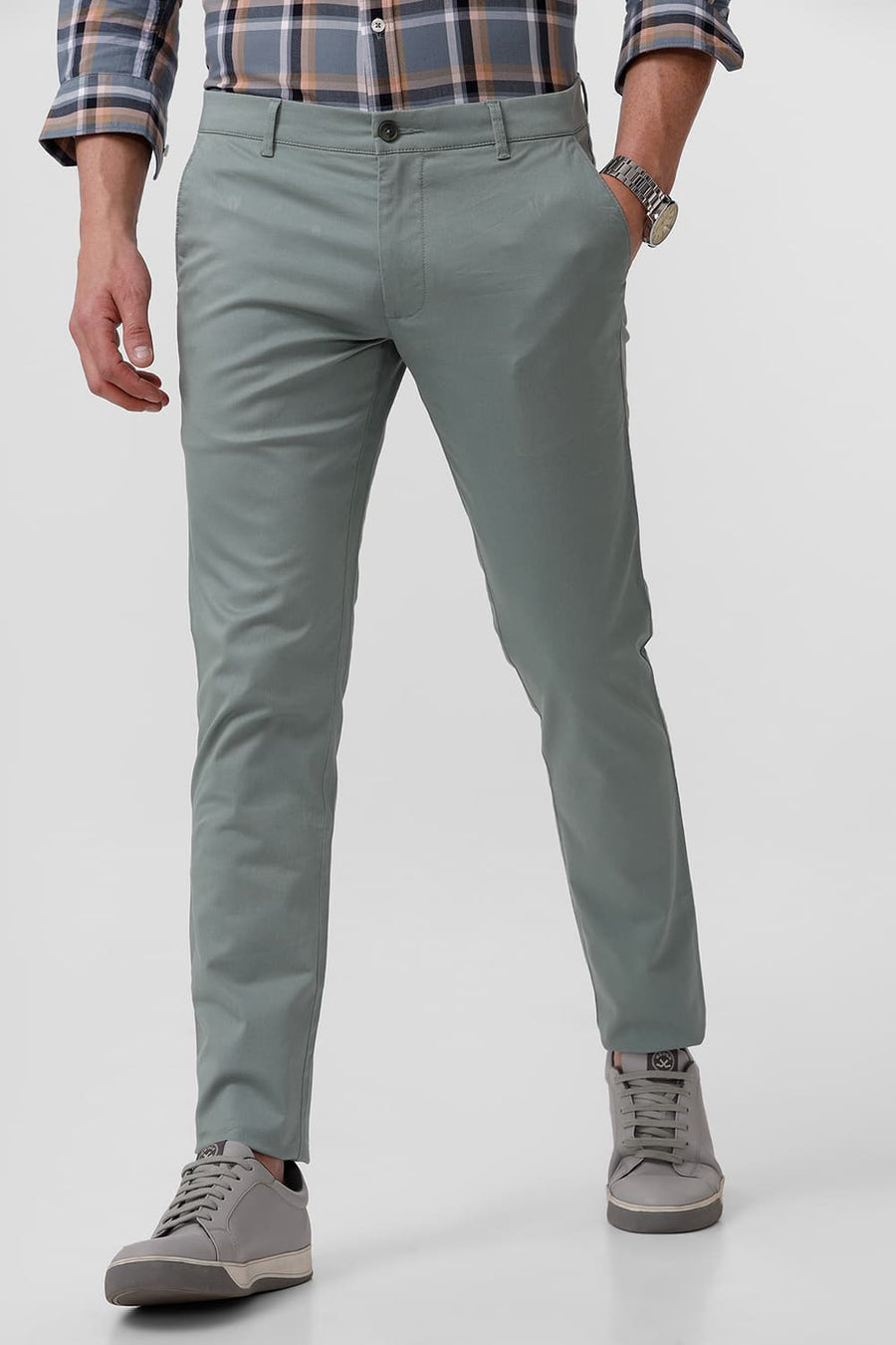 BASICS TAPERED FIT ICEBERG GREEN COTTON STRETCH DOBBY TROUSER
