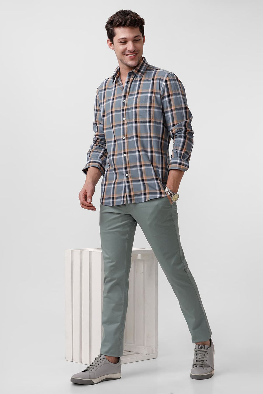BASICS TAPERED FIT ICEBERG GREEN COTTON STRETCH DOBBY TROUSER
