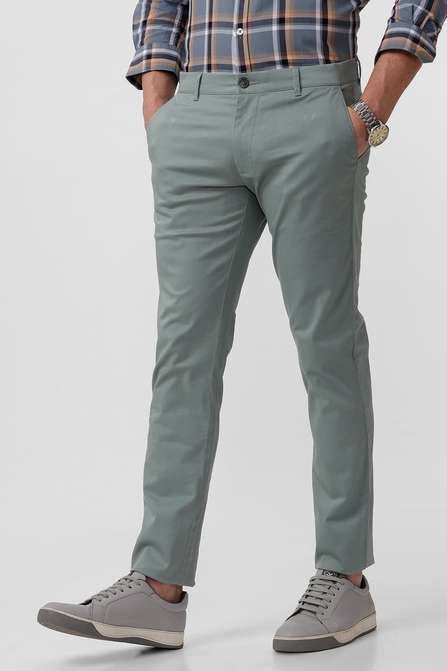 BASICS TAPERED FIT ICEBERG GREEN COTTON STRETCH DOBBY TROUSER