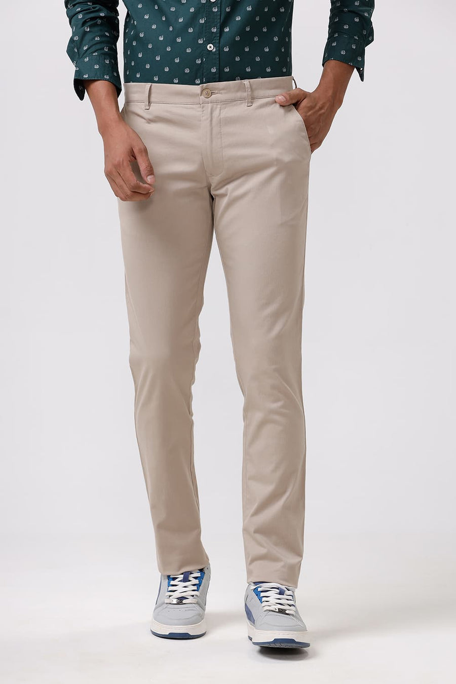 BASICS TAPERED FIT HUMUS BROWN COTTON STRETCH DOBBY TROUSER