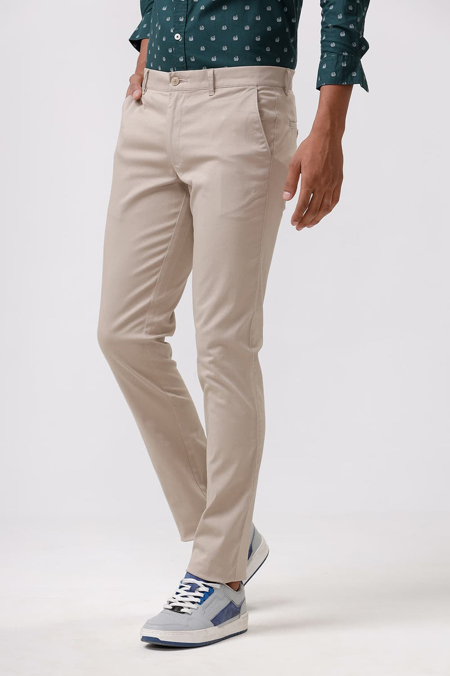 BASICS TAPERED FIT HUMUS BROWN COTTON STRETCH DOBBY TROUSER