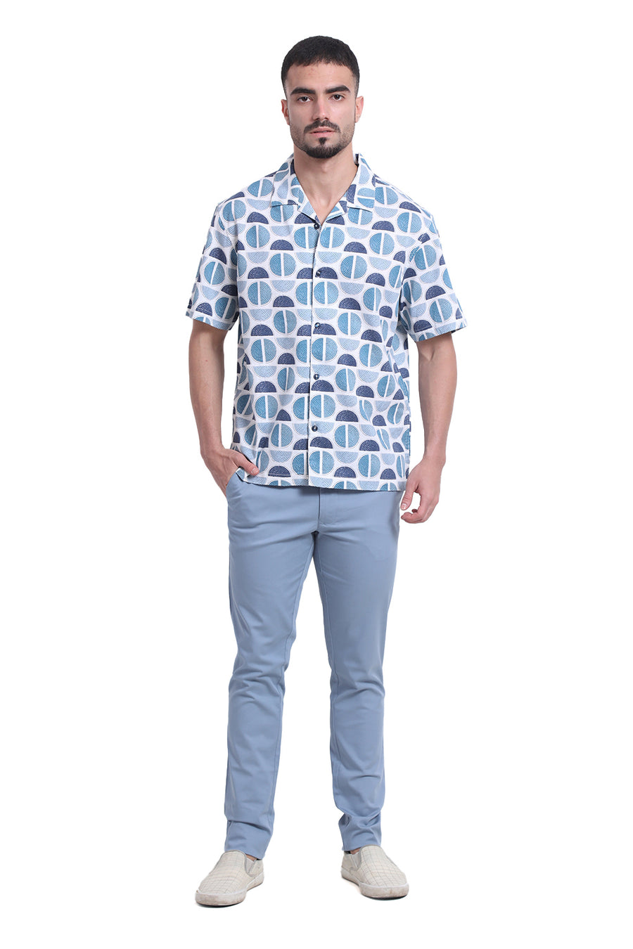 BASICS TAPERED FIT ASHLEY BLUE COTTON STRETCH DOBBY TROUSER