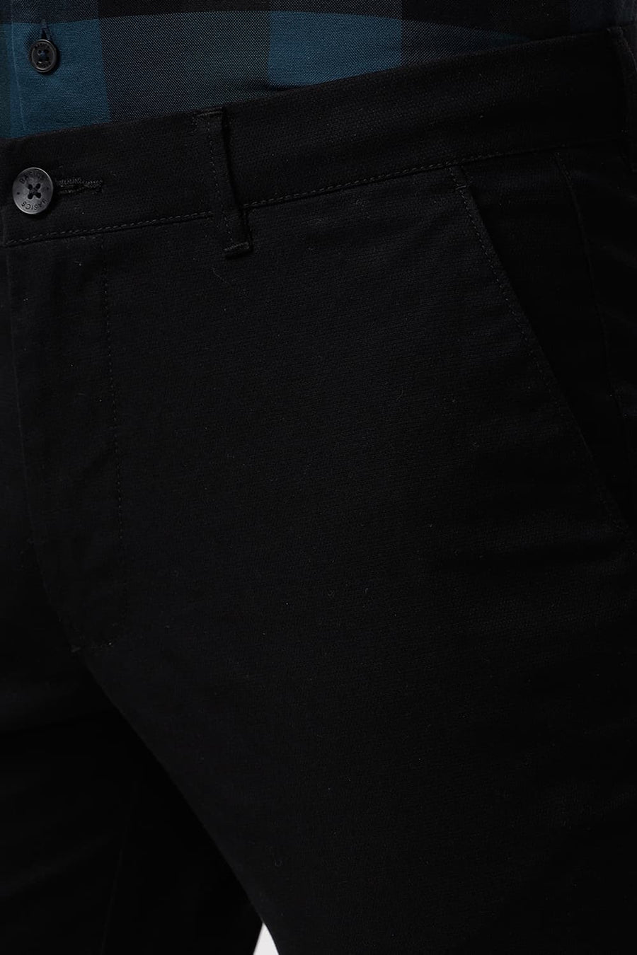 BASICS TAPERED FIT ANTHRACITE BLACK COTTON STRETCH DOBBY TROUSER