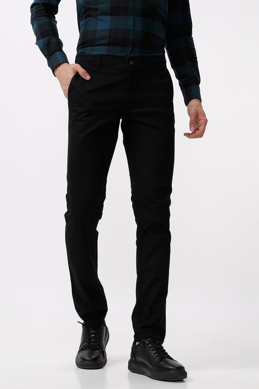 BASICS TAPERED FIT ANTHRACITE BLACK COTTON STRETCH DOBBY TROUSER