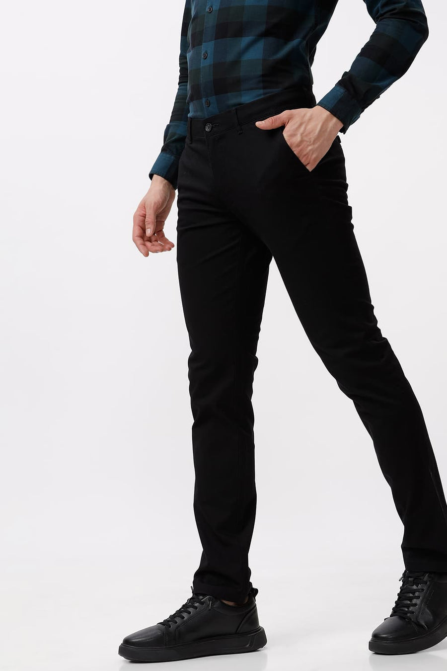 BASICS TAPERED FIT ANTHRACITE BLACK COTTON STRETCH DOBBY TROUSER
