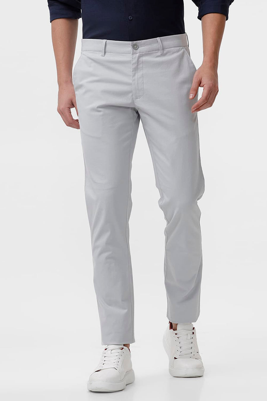 BASICS TAPERED FIT BELGIAN GREY COTTON STRETCH DOBBY TROUSER