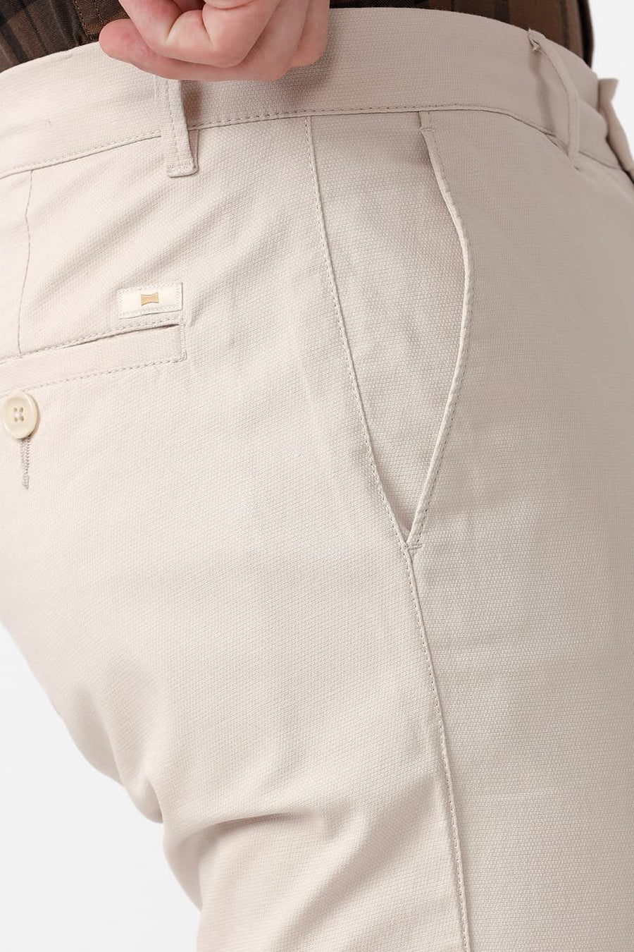 BASICS TAPERED FIT FOG BEIGE COTTON STRETCH DOBBY TROUSER