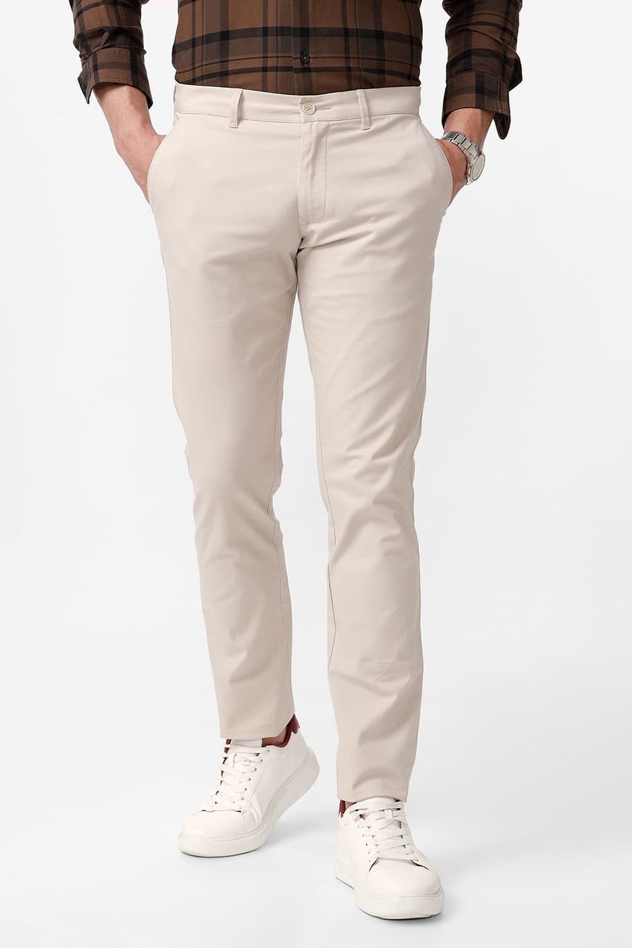 BASICS TAPERED FIT FOG BEIGE COTTON STRETCH DOBBY TROUSER