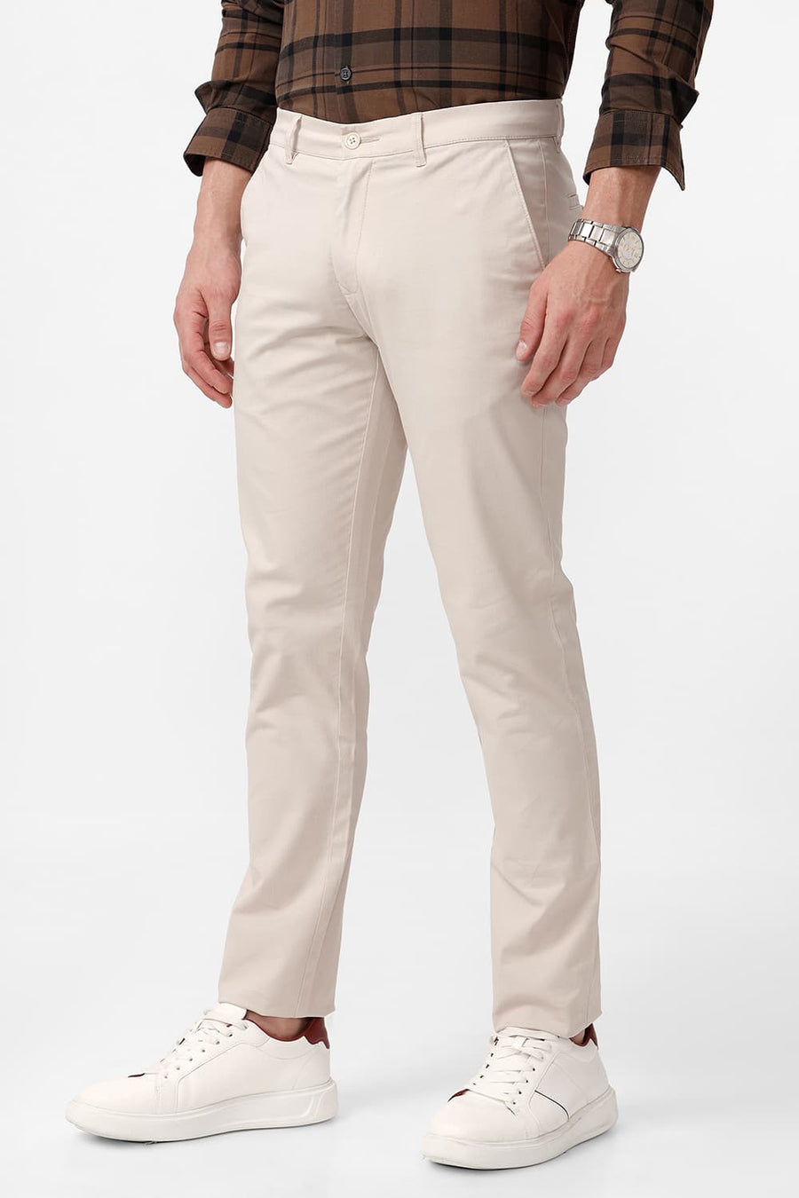 BASICS TAPERED FIT FOG BEIGE COTTON STRETCH DOBBY TROUSER