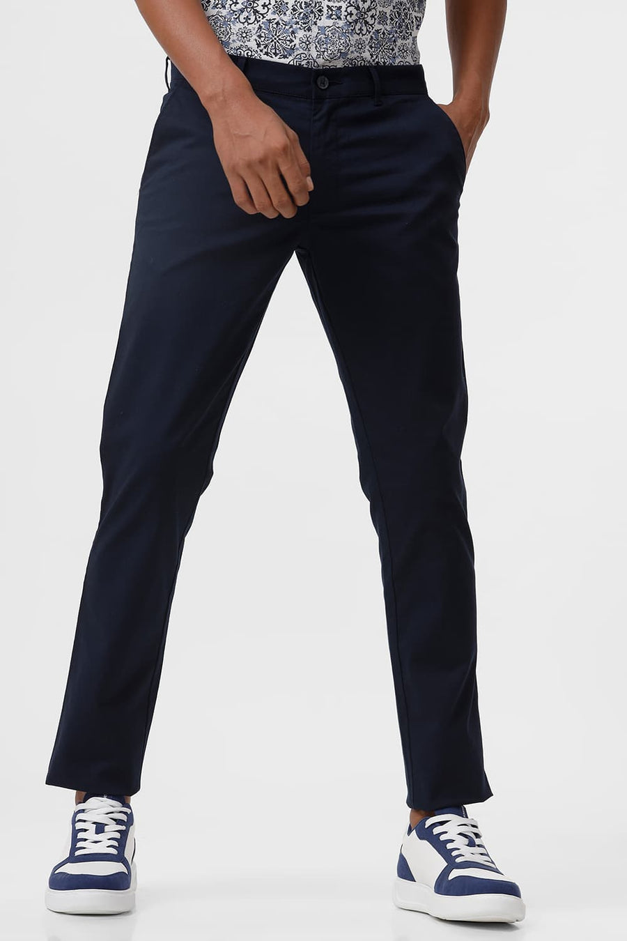 BASICS TAPERED FIT SAPPHIRE NAVY COTTON STRETCH DOBBY TROUSER