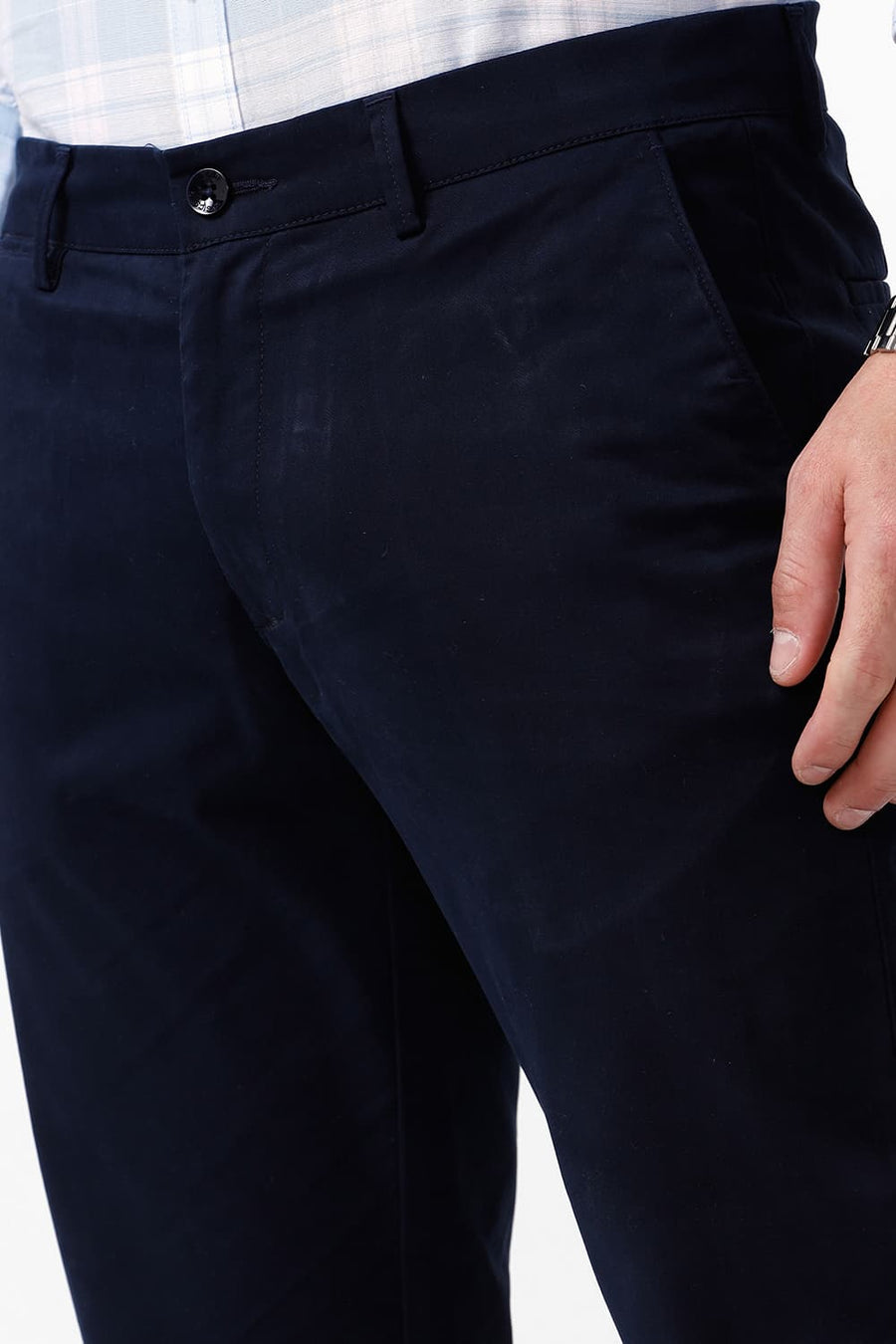 BASICS TAPERED FIT SALUTE NAVY COTTON STRETCH DOBBY TROUSER