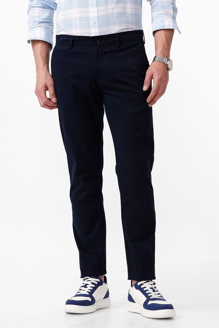 BASICS TAPERED FIT SALUTE NAVY COTTON STRETCH DOBBY TROUSER