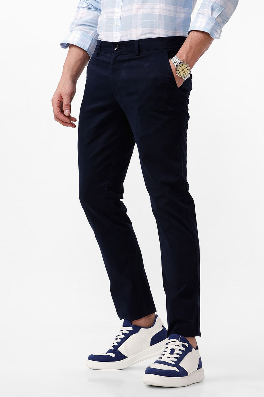 BASICS TAPERED FIT SALUTE NAVY COTTON STRETCH DOBBY TROUSER