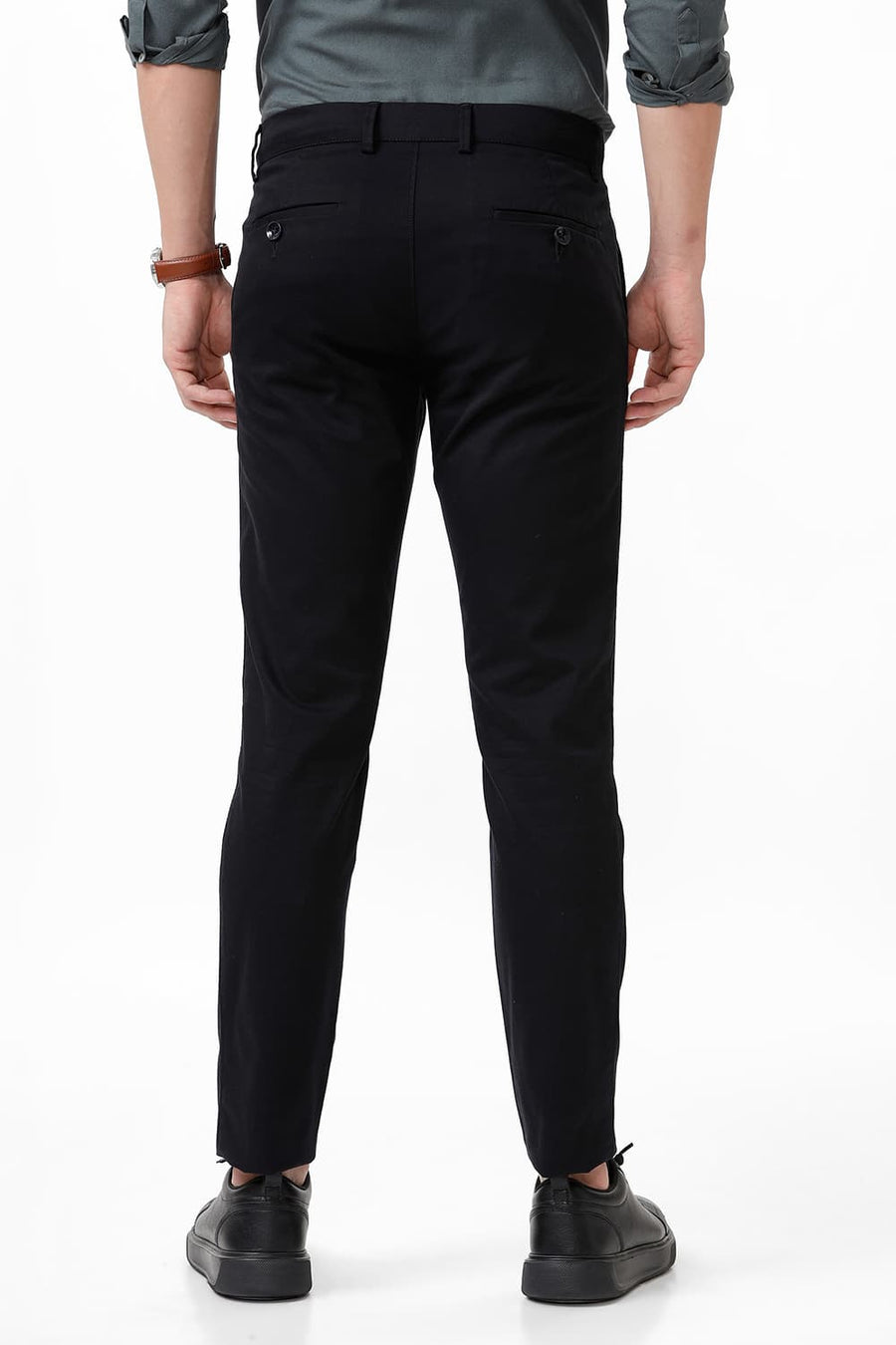 BASICS TAPERED FIT RAVEN BLACK COTTON STRETCH DOBBY TROUSER
