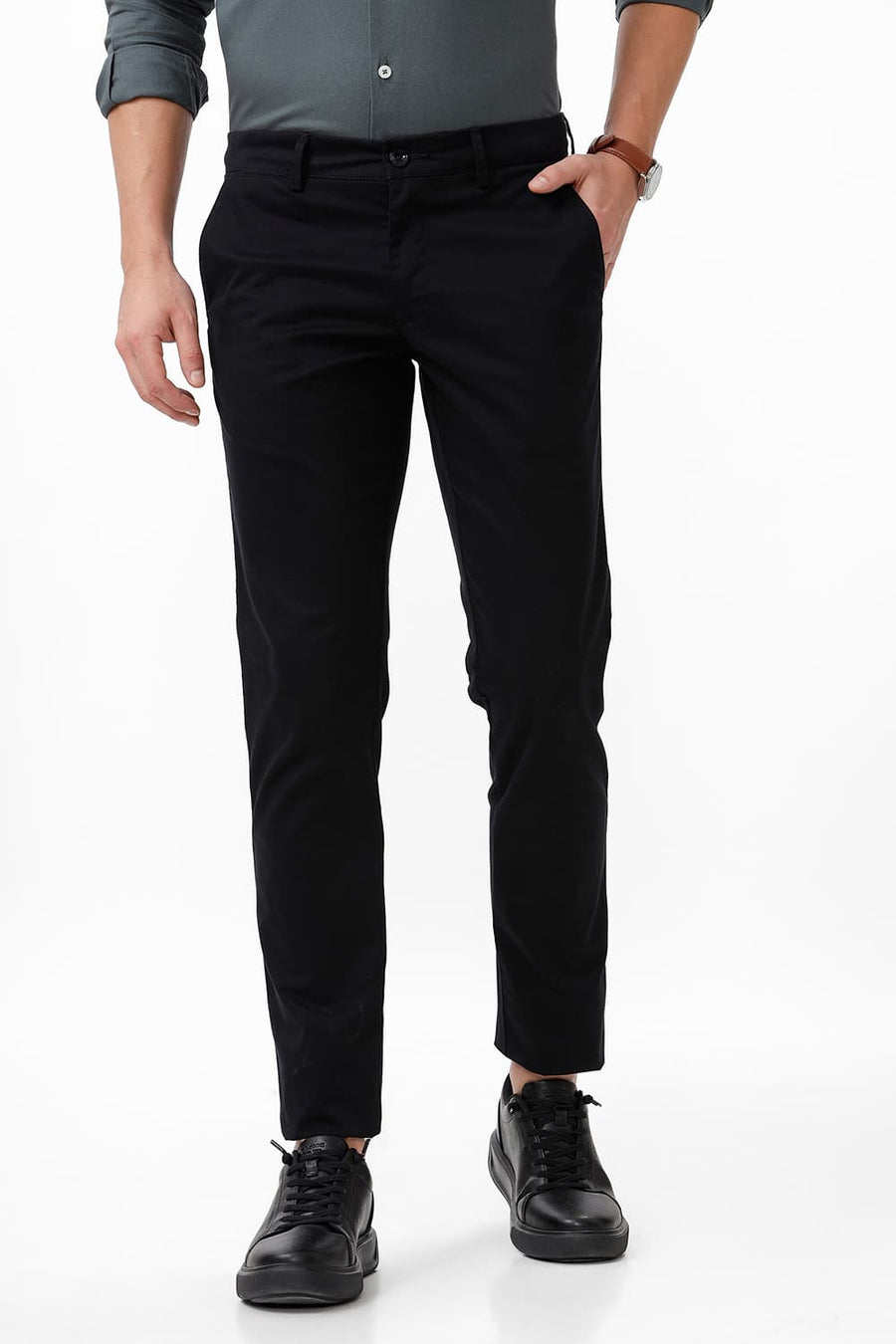 BASICS TAPERED FIT RAVEN BLACK COTTON STRETCH DOBBY TROUSER