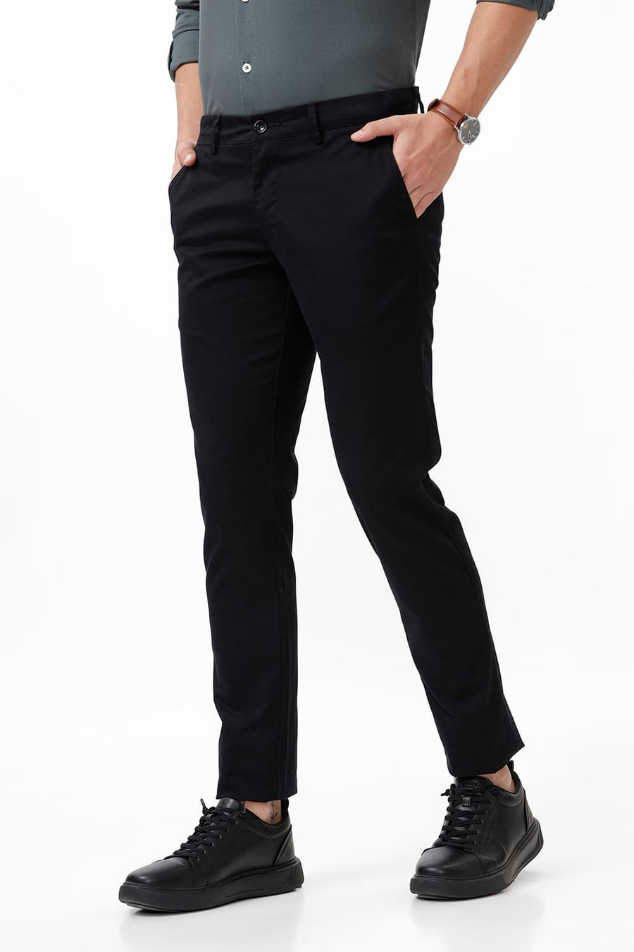BASICS TAPERED FIT RAVEN BLACK COTTON STRETCH DOBBY TROUSER