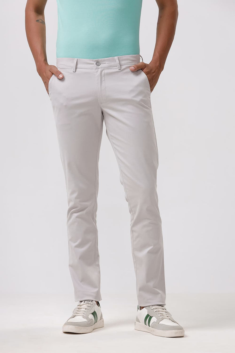 BASICS TAPERED FIT CHATEAU GREY COTTON STRETCH DOBBY TROUSER