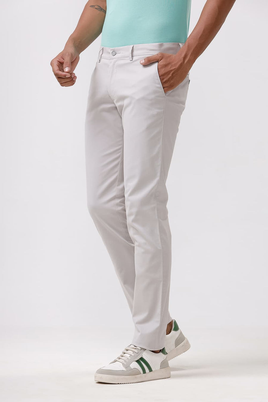 BASICS TAPERED FIT CHATEAU GREY COTTON STRETCH DOBBY TROUSER