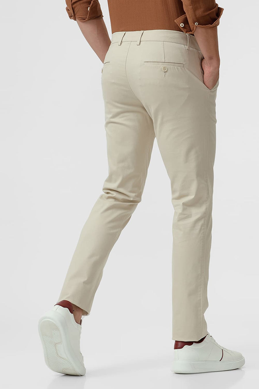 BASICS TAPERED FIT SAFARI BEIGE COTTON STRETCH DOBBY TROUSER